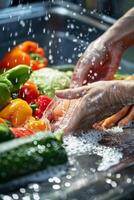 hands wash vegetables splashing water photo