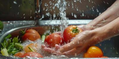 hands wash vegetables splashing water photo