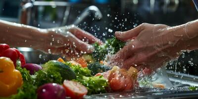 hands wash vegetables splashing water photo