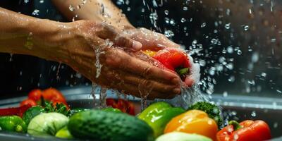 hands wash vegetables splashing water photo