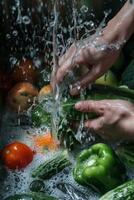 hands wash vegetables splashing water photo