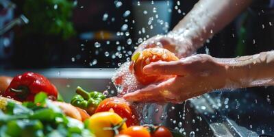 hands wash vegetables splashing water photo