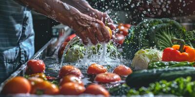 manos lavar vegetales salpicaduras agua foto
