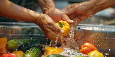 hands wash vegetables splashing water photo