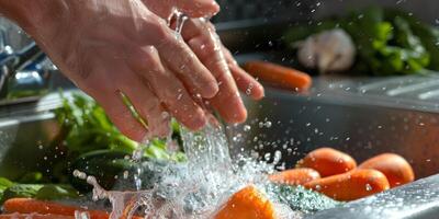 hands wash vegetables splashing water photo