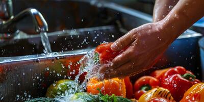 hands wash vegetables splashing water photo