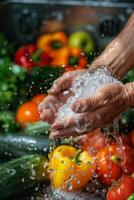 hands wash vegetables splashing water photo