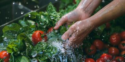 hands wash vegetables splashing water photo