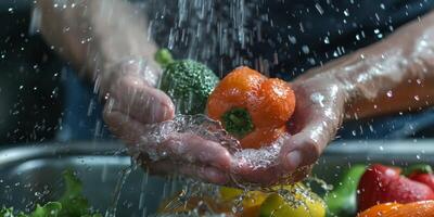 hands wash vegetables splashing water photo