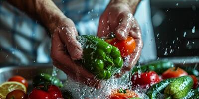 hands wash vegetables splashing water photo