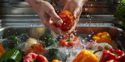 hands wash vegetables splashing water photo