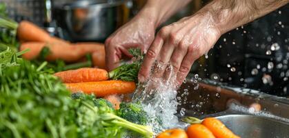 hands wash vegetables splashing water photo