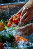 hands wash vegetables splashing water photo