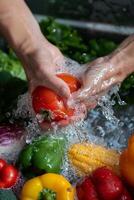 hands wash vegetables splashing water photo