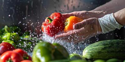 hands wash vegetables splashing water photo