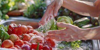 hands wash vegetables splashing water photo