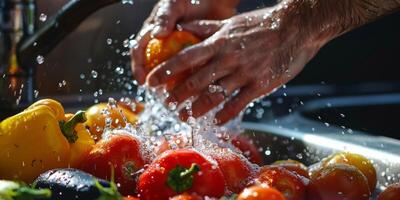 hands wash vegetables splashing water photo