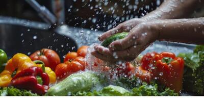 hands wash vegetables splashing water photo