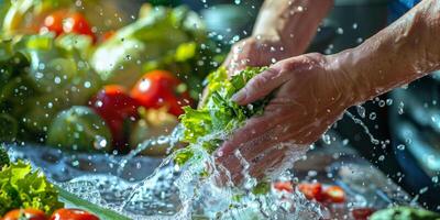 hands wash vegetables splashing water photo