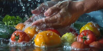 hands wash vegetables splashing water photo