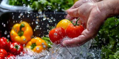 hands wash vegetables splashing water photo