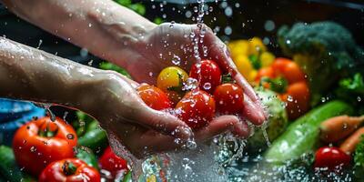 hands wash vegetables splashing water photo