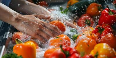 hands wash vegetables splashing water photo