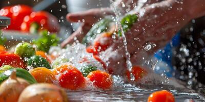 hands wash vegetables splashing water photo