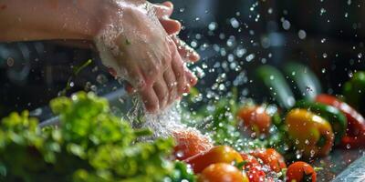 hands wash vegetables splashing water photo