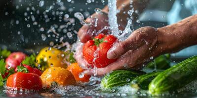 hands wash vegetables splashing water photo