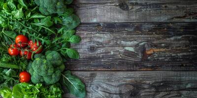 vegetables and fruits with herbs on a wooden table photo