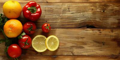 vegetables and fruits with herbs on a wooden table photo