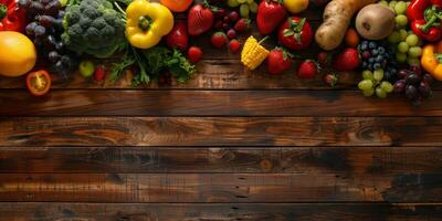 vegetables and fruits with herbs on a wooden table photo