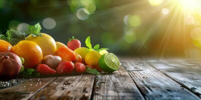 vegetables and fruits with herbs on a wooden table photo