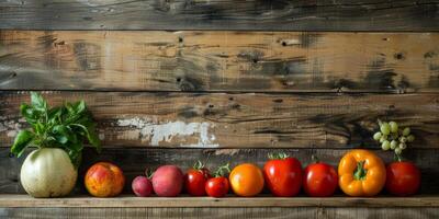 vegetables and fruits with herbs on a wooden table photo