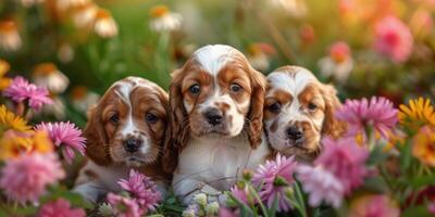 puppies on a floral background photo