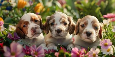 puppies on a floral background photo