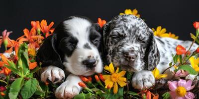 puppies on a floral background photo