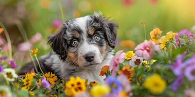 puppies on a floral background photo