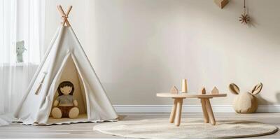 children's room with toys and tent photo