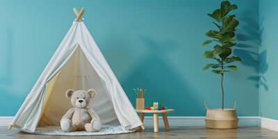children's room with toys and tent photo