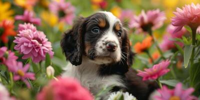 puppies on a floral background photo