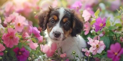 puppies on a floral background photo