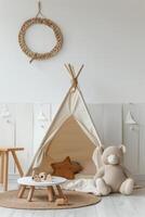 children's room with toys and tent photo