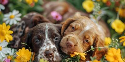 puppies on a floral background photo