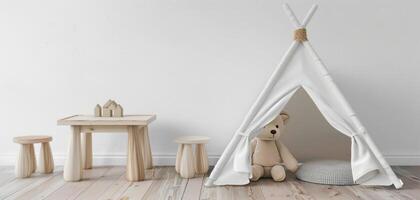 children's room with toys and tent photo