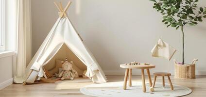 children's room with toys and tent photo