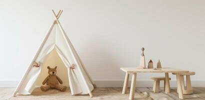 children's room with toys and tent photo