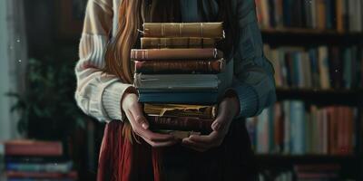 hands holding stacks of books photo