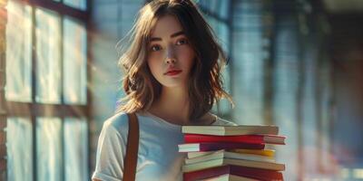 hands holding stacks of books photo